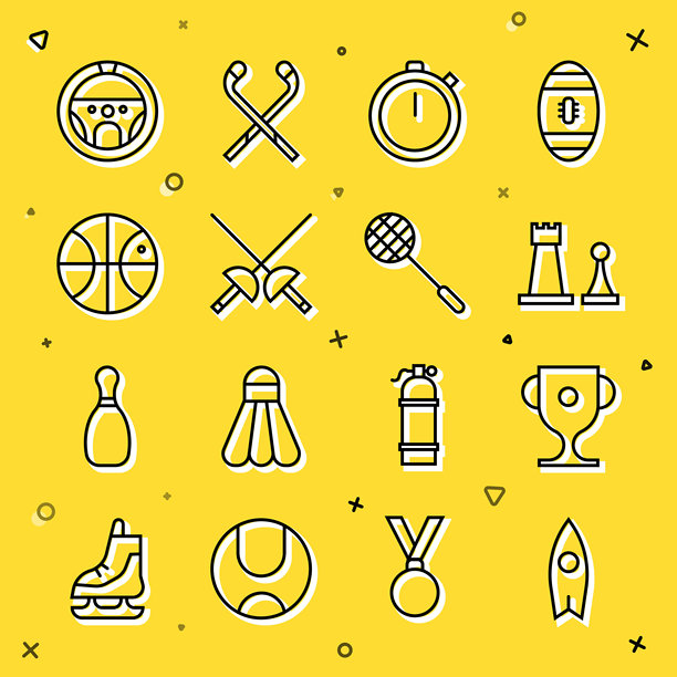 冲浪板、奖杯、国际象棋、秒表、击剑、篮球、方向盘和网球拍图标。矢量图。图片下载
