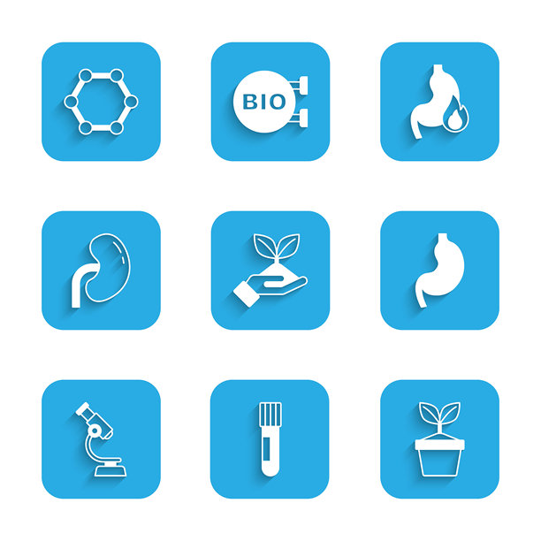 手持植物、试管、花盆、人体胃部、显微镜、肾脏、胃灼热和分子图标矢量素材图片下载