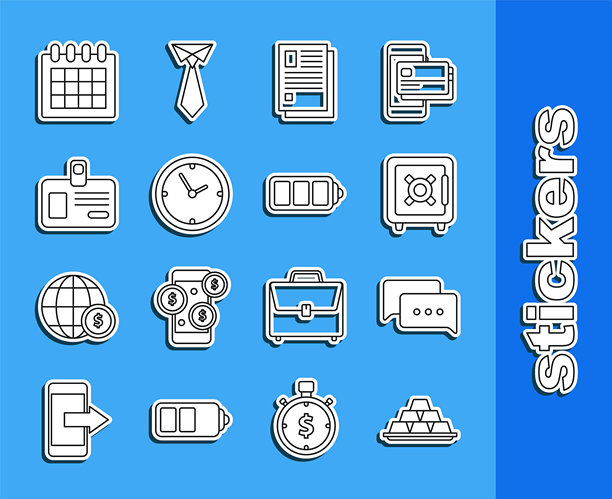 金条、对话气泡、保险箱、文件、时钟、身份证、日历和电池电量指示器图标。矢量图。图片下载
