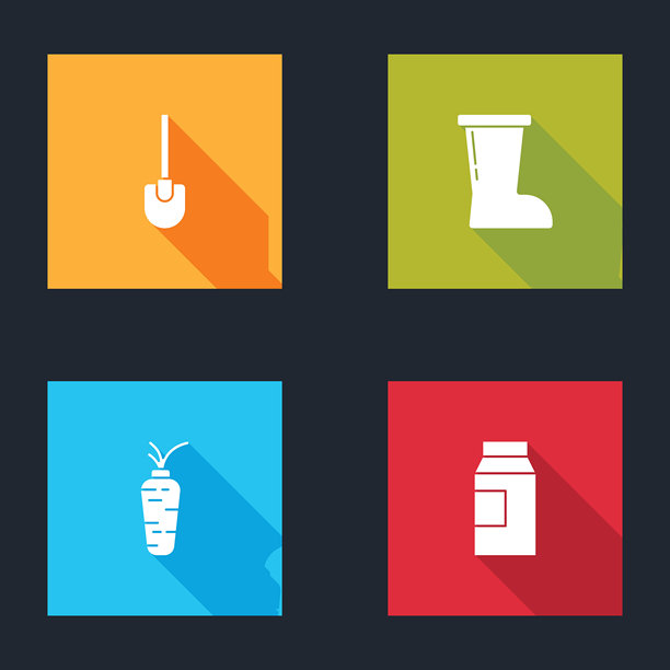 铲子、防水橡胶靴、胡萝卜和牛奶纸包装图标。矢量图。图片下载