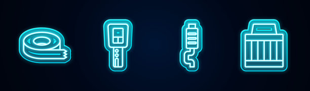 透明胶带、带遥控器的汽车钥匙、消声器和空气滤清器图标组合.发光霓虹灯图标矢量素材图片下载