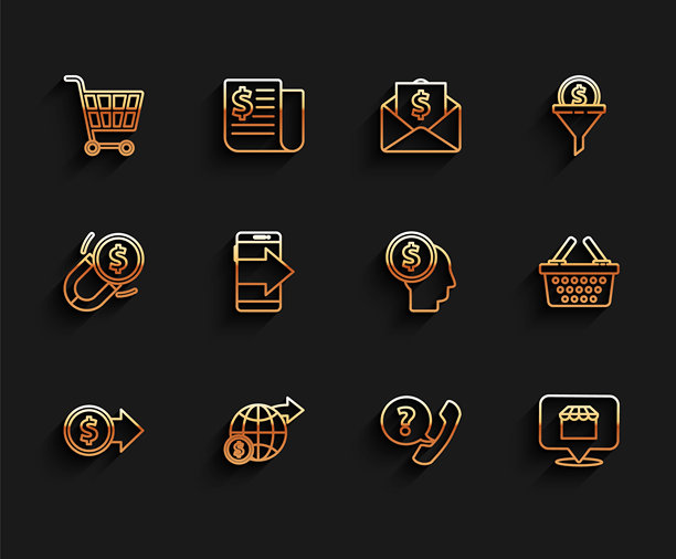 设置线条图标：带有美元符号的硬币、购物车、电话听筒和对话气泡聊天、在线购物概念、智能手机、移动设备、购物篮和商务人士规划思维图标。矢量图。图片下载