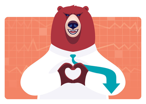 熊商人做出心形手势，旁边有下跌箭头标志图片下载