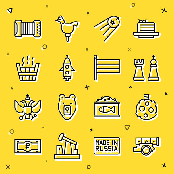 设置线炮，带旗帜的月亮，国际象棋，卫星，火箭，桑拿桶，手风琴和俄罗斯国家图标。矢量图。图片下载