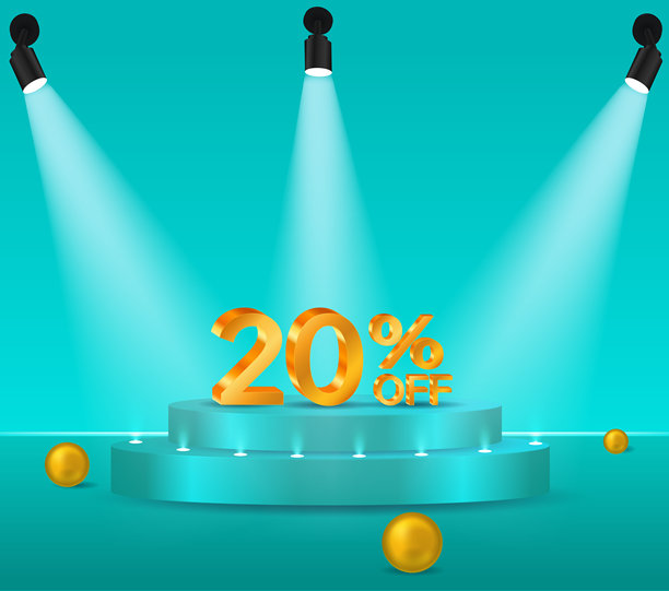 3D金饰享受20%折扣。特别优惠20%折扣。蓝色背景的讲台。适合用于传单、横幅、广告、贴纸的大型商业。图片下载