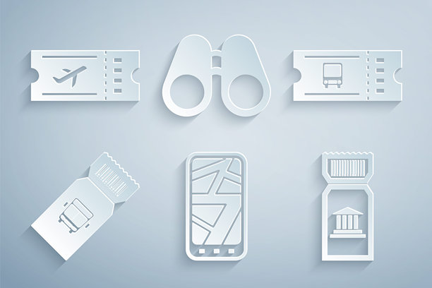 城市地图、巴士车票、博物馆、双筒望远镜和航空公司图标信息图矢量素材图片下载