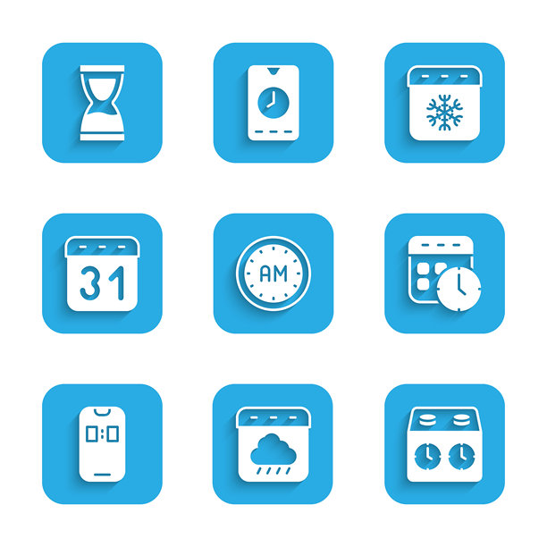 设置早晨时间、日历秋季、国际象棋时钟、闹钟App、冬季和旧沙漏图标。矢量图图片下载