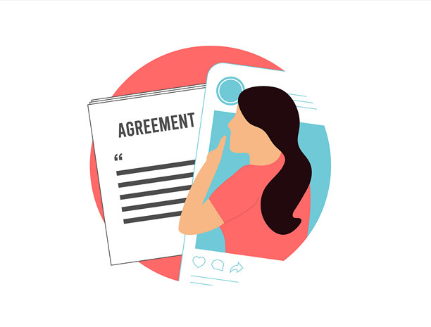 社交媒体影响者合同，展示品牌交易和谈判。展示影响者协议、合作条款和有效社交媒体营销的合作策略。图片下载