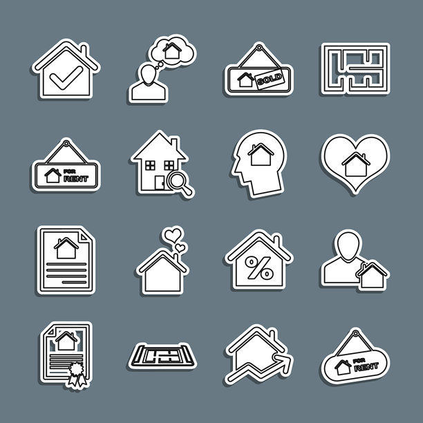 出租标志、房地产经纪人、房屋心形、已售、搜索房屋、复选标记和梦想买房的男人图标矢量素材图片下载