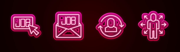 搜索工作，工作交流和多任务管理发光霓虹灯图标矢量素材图片下载