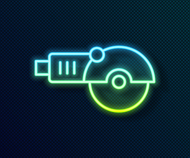 发光的霓虹线角磨机图标，背景为黑色。矢量图。图片下载