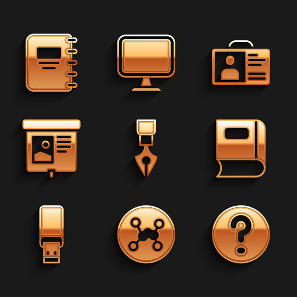 钢笔尖、化学式、带问号的语音气泡、书籍、USB闪存盘、投影屏幕、识别徽章和笔记本图标矢量素材图片下载