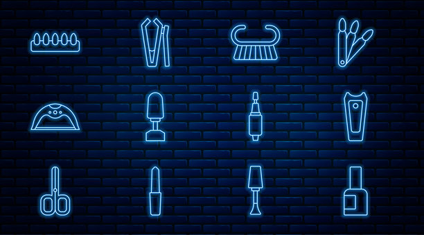 美甲工具组合：指甲油瓶、指甲刀、足部护理刷或磨砂器、美甲磨、光疗灯、假指甲和图标。矢量图。图片下载