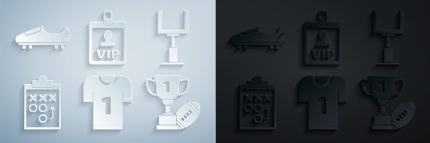 美式足球球衣、球门、策划战略概念、奖杯、VIP徽章以及带钉的足球鞋图标。矢量图。图片下载