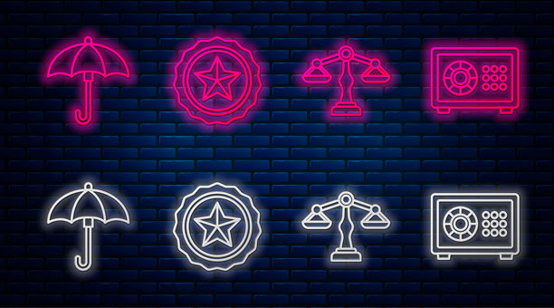 警徽、天平、雨伞和保险箱发光霓虹灯图标矢量素材图片下载