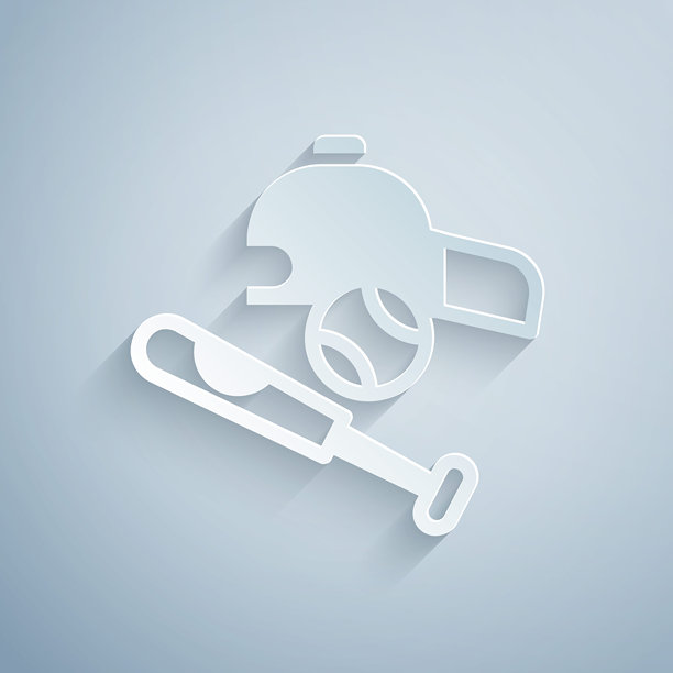 剪纸风格棒球棍、棒球和帽子图标，灰色背景矢量素材图片下载