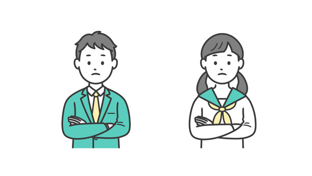 双手交叉思考的男女学生上半身插画图片下载