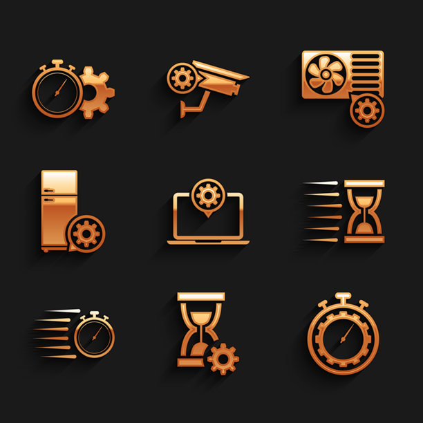 设置笔记本电脑，沙漏，时间管理，旧沙漏与沙子，秒表和冰箱图标。矢量图。图片下载