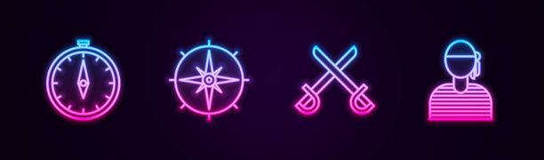 罗盘、风向玫瑰、海盗剑和水手船长图标矢量素材图片下载