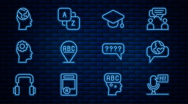 麦克风语音设备、外语学习、毕业帽、字母表、带齿轮的头部、问号语音气泡和词汇图标矢量素材图片下载