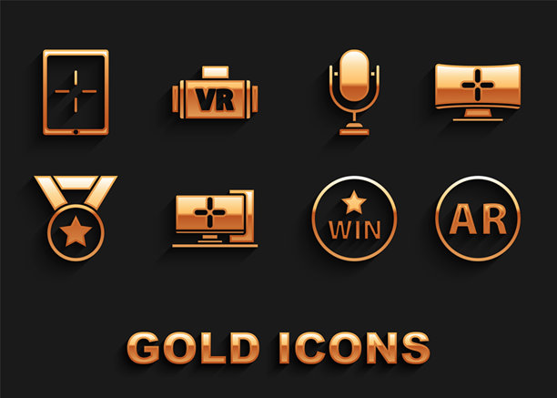 计算机显示器、增强现实、奖牌、麦克风、平板电脑和虚拟眼镜图标。矢量图。图片下载