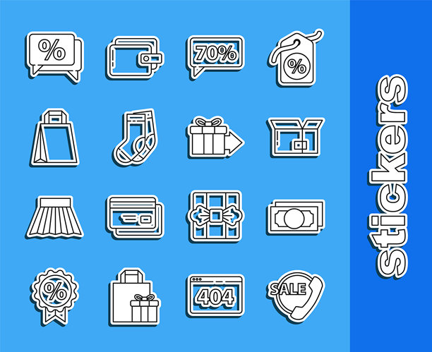 24小时电话支持，纸币现金堆，纸板箱，七折标签，袜子，纸购物袋，折扣和礼物图标。矢量图。图片下载