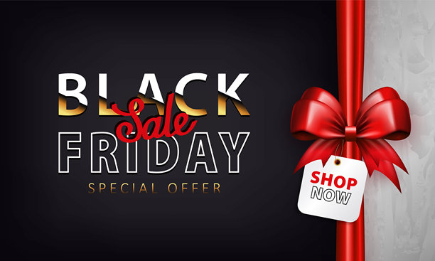 带有3D黑色礼品蝴蝶结和悬挂在绳子上的价格标签，标签上写着“特卖，黑色星期五”图片下载