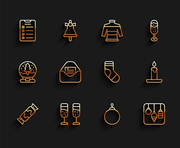 糖果、香槟酒杯、新年目标清单、圣诞球、灯饰、派对邀请卡、燃烧的蜡烛和长袜图标组合矢量素材图片下载