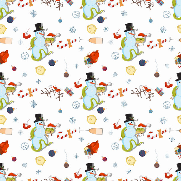 新年圣诞主题无缝插画：蛇缠绕雪人图片下载
