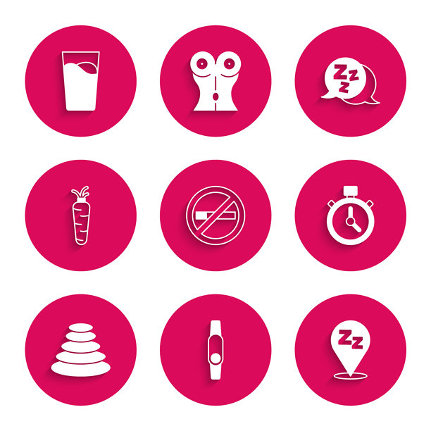 禁止吸烟标志，智能手表，困倦，秒表，堆叠热石，胡萝卜，水杯图标。矢量图。图片下载
