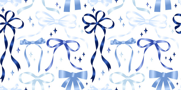 各种卡通缎面蓝色蝴蝶结和礼品丝带的无缝图案。图片下载