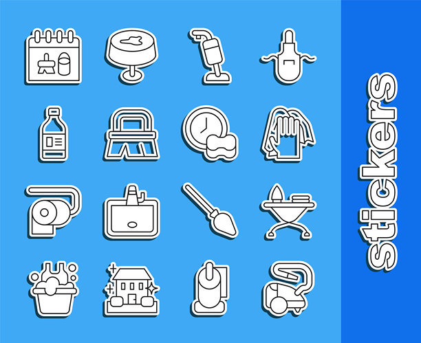 吸尘器、熨斗和熨衣板、清洁服务、清洁刷、清洁剂瓶、日历和洗碗图标。矢量图。图片下载