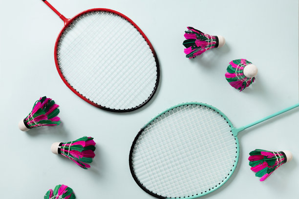 五颜六色的羽毛球和两把羽毛球拍。概念性球拍运动。图片下载