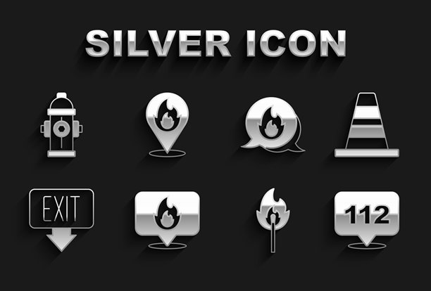 定位火焰、交通锥、紧急呼叫、燃烧的火柴、安全出口、消防栓图标矢量素材图片下载