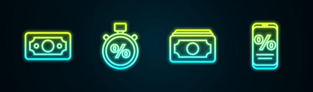 堆叠纸币现金、秒表和百分比、手机上的折扣百分比。发光的霓虹图标。矢量图。图片下载