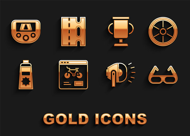 自行车租赁移动应用程序，轮子，运动骑行太阳镜，头灯，防晒霜管，带自行车的奖杯，GPS设备地图和车道图标。矢量图图片下载