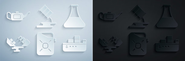 机油罐，油品测试管，损坏的油轮，漏油桶和图标。矢量图。图片下载