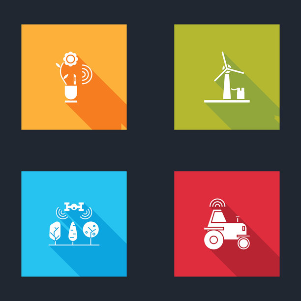 智能农业技术、风力涡轮机、无人机和无线拖拉机智能图标。矢量图。图片下载