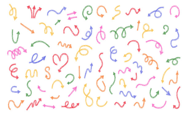 粉笔涂鸦箭头集。手绘蜡笔线条元素的集合。矢量插图图片下载
