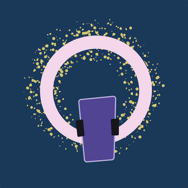 适合博主、主播和视频创作者的灯环，理想用于拍摄或游戏内容。黑色背景上的矢量插图，平面设计的涂鸦，适合在线媒体和直播设备。图片下载