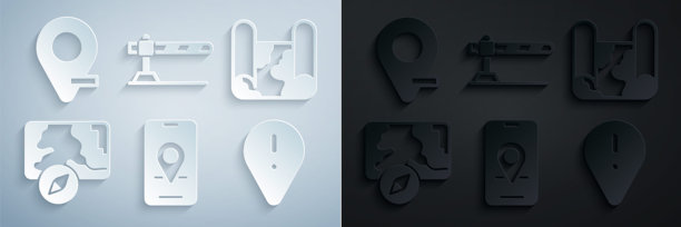 城市地图导航、折叠地图、带感叹号的位置和停车路障矢量素材图片下载