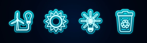 风力涡轮机灯泡、太阳、齿轮和可回收图标发光霓虹灯矢量图图片下载