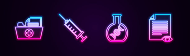 健康记录文件夹、注射器、DNA研究搜索和带眼睛的纸张图标组合，发光霓虹灯矢量素材图片下载