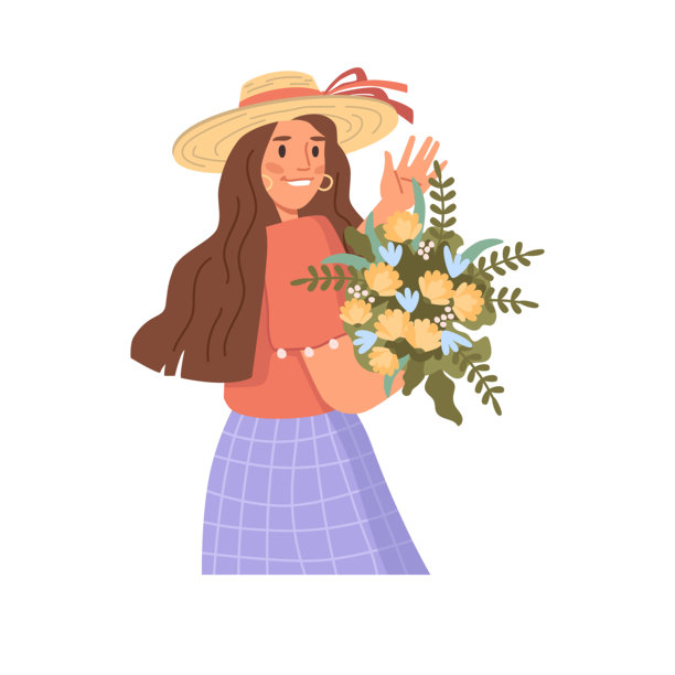 微笑挥手、手捧鲜花的女人矢量图：卡通人物，夏日女孩与绽放的花束图片下载