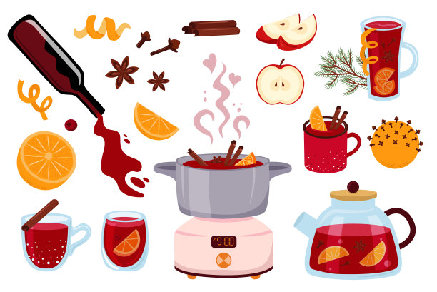 热红酒配料的库存矢量图。酒杯、马克杯、锅中的饮品。红酒、柑橘、水果香料。矢量插图集。图片下载