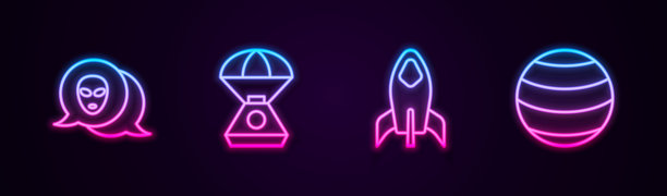 外星人、太空舱、火箭飞船和行星发光霓虹灯图标矢量素材图片下载