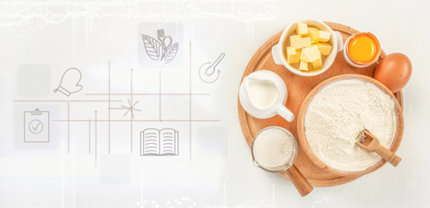 碗中的烘焙食材：黄油、牛奶和鸡蛋，具有创新技术的虚拟图标图片下载