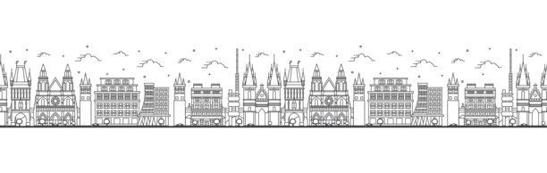 无缝图案，描绘捷克共和国布拉格市天际线的轮廓，包含历史建筑，背景为白色。布拉格城市风景与地标。图片下载