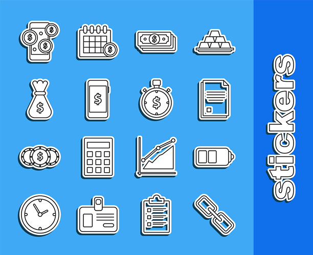 设置线条 链接, 电池充电水平指示器, 文件文档, 堆叠纸币现金, 带美元符号的智能手机, 钱袋, 和时间图标. 矢量图片下载