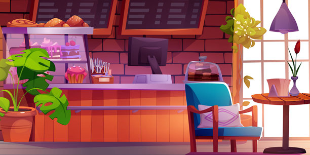 舒适的咖啡馆内部，摆放着蛋糕和甜点图片下载